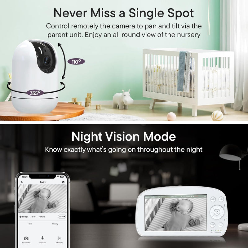 Jazaad 5.5" Wifi Baby Monitor - 1080P Full HD Split Screen & 2200ft Range, Monitor & App Control, Cry & Motion Alerts, Full HD Night Vision, 5000mAh Battery, 2-Way Talk, Multi-User, Triple Security
