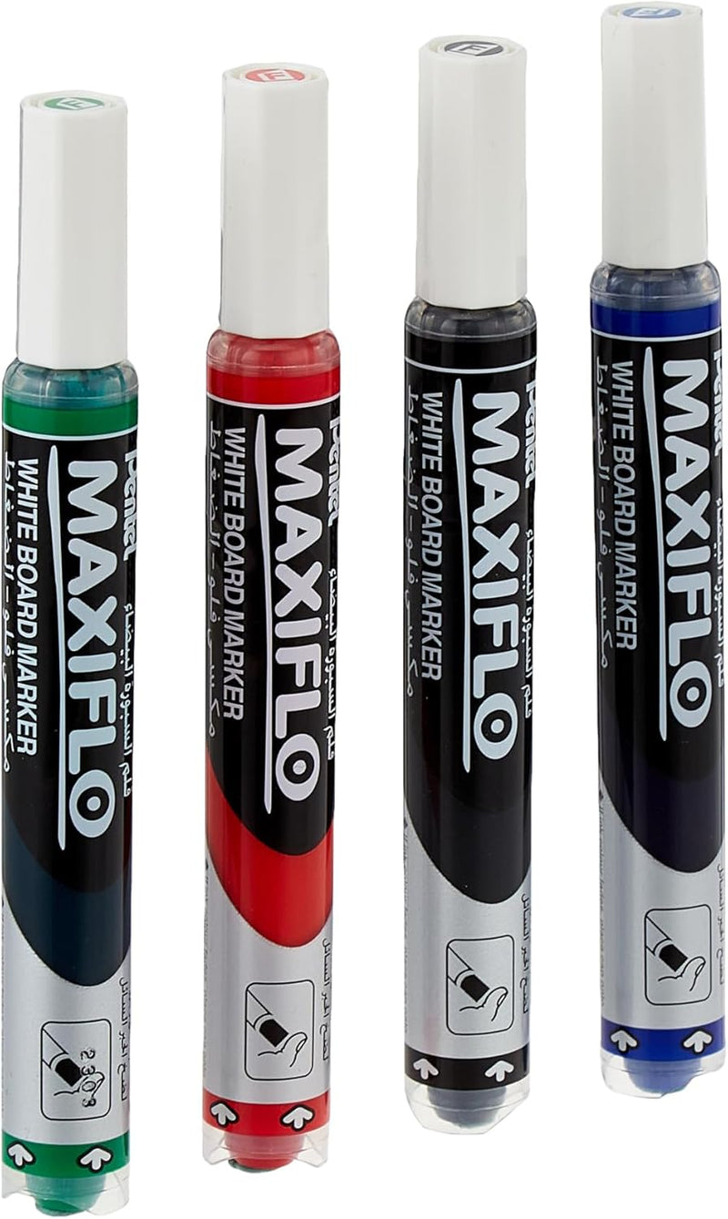 Pentel Maxiflo Slim Chisel Tip White Board Marker 4-Pieces, Assorted
