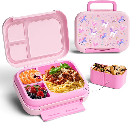 Kids Bento Lunch Box,5-Compartment Leakproof Container with handle Movable Snack Box BPA-Free, Dishwasher & Microwave Safe Utensils Included for Kids/Adults School, Office & Travel Pink