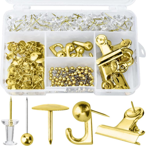 ZELLYA 310 Pcs Push Pins Set, Thumb Tacks Decorative Push Pins Map Head Pin for Cork Board with Push Pin Hook Pushpin Clip, 5 Style Office Accessories for Cork Board Map Office (Gold)
