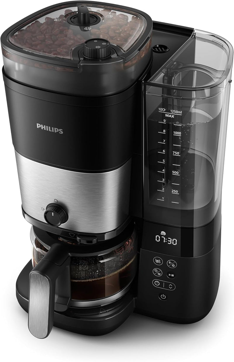 Philips All-in-1 Brew Drip Coffee Maker With Built-in grinder - 10 cups, Permanent filter, Duo-bean Container, LED Display - HD7900/50