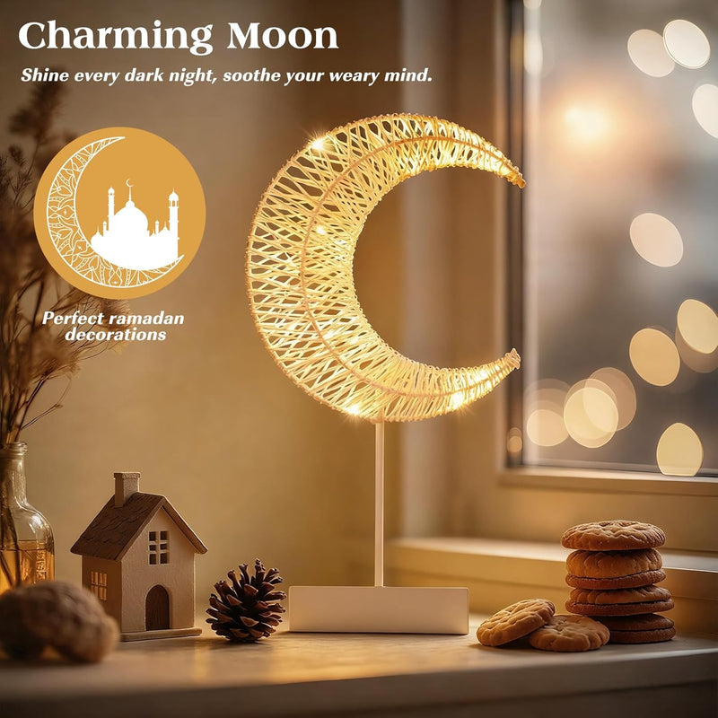 Lewondr Decorative Table Lamp, Moon Shape Ramadan Desk Lamp Battery Powered Light, Winding Thread Warm LED Crescent Light Christmas Home Bedroom Romantic Bedside Desktop Nightstand Decoration, White - A White Moon