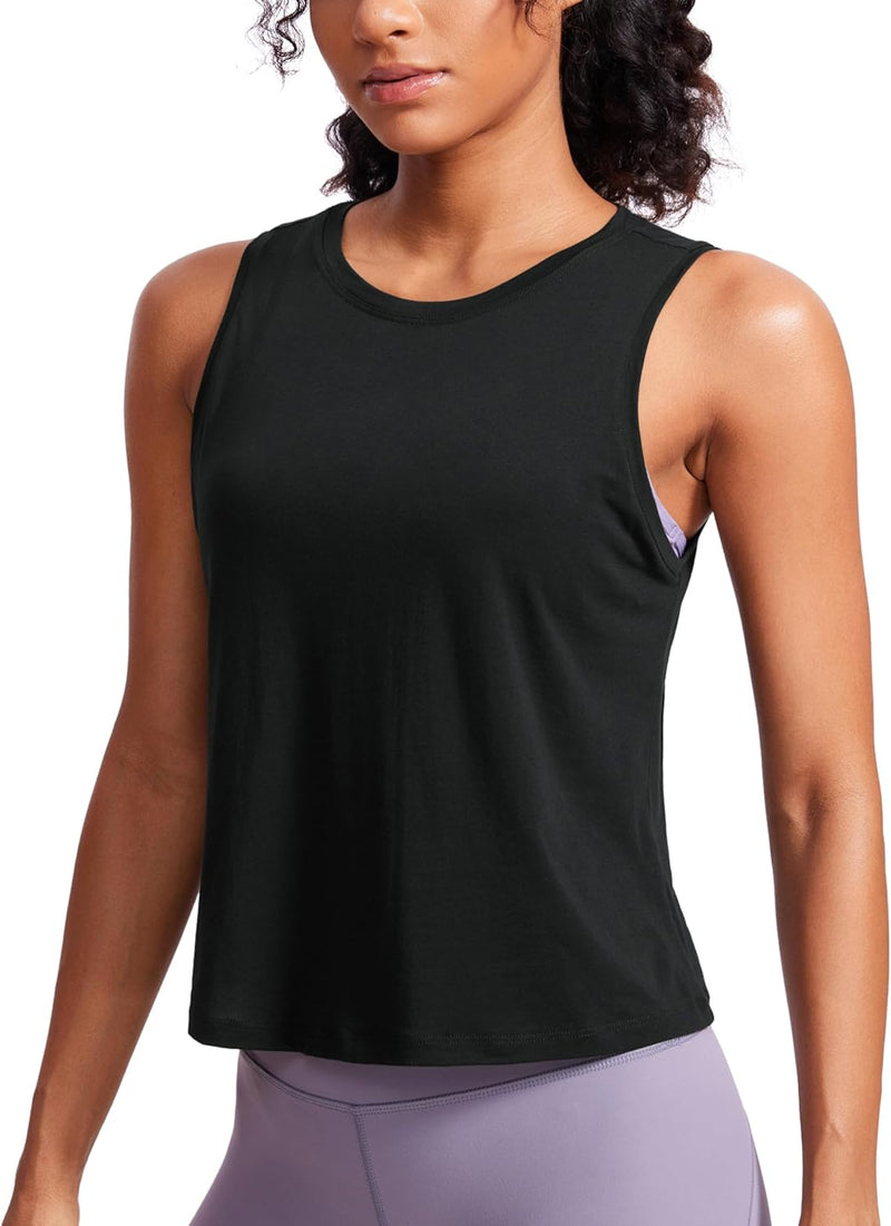 CRZ YOGA Women's Pima Cotton Loose Cropped Tank Tops Workout High Neck Sleeveless Athletic Gym Shirts