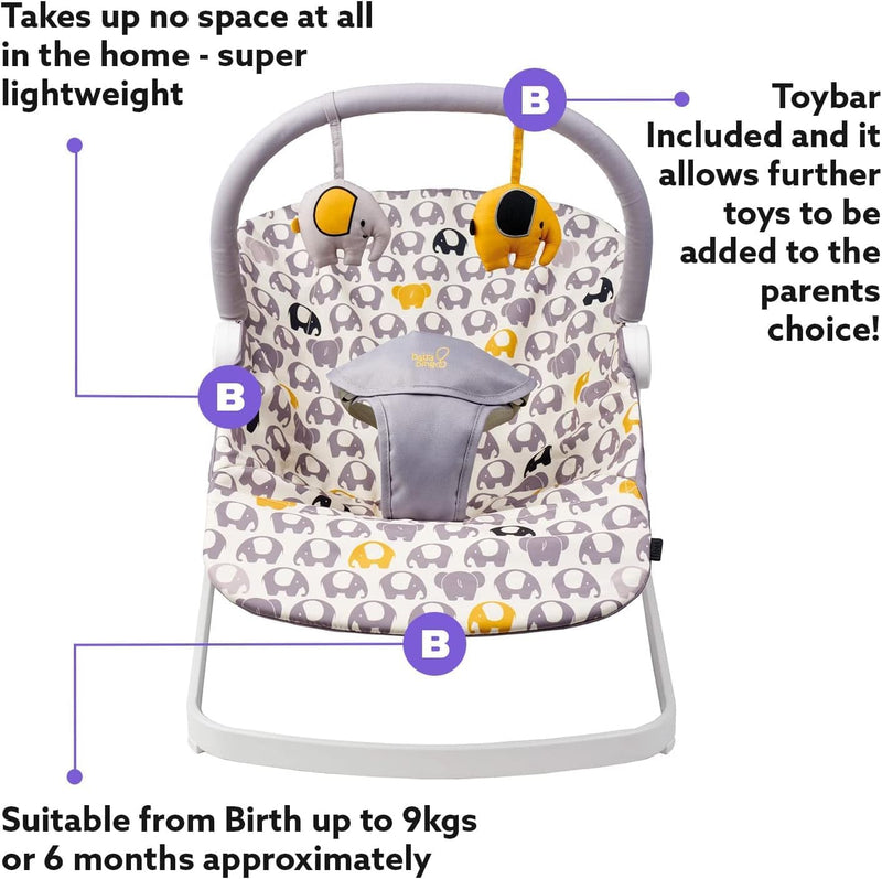 BabaBing! | Float Baby Bouncer | Reclining Baby Rocker with Contemporary Ellie Elephant Print | Portable Baby Seat with Exclusive Soft Toys