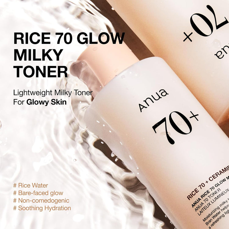 Rice 70 Glow Milky Toner, for Glass Skin, Rice Water, Niacinamide, Ceramides, Panthenol, Non comedogenic, Fungal Acne Safe, Korean Skin Care, 250ml/8.45fl.oz.