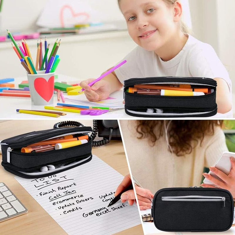 Large Capacity Waterproof Pencil Case - Multi-functional Black Stationery Desk Organizer, Ideal for Adults and Travel, with Multiple Compartments and Pockets