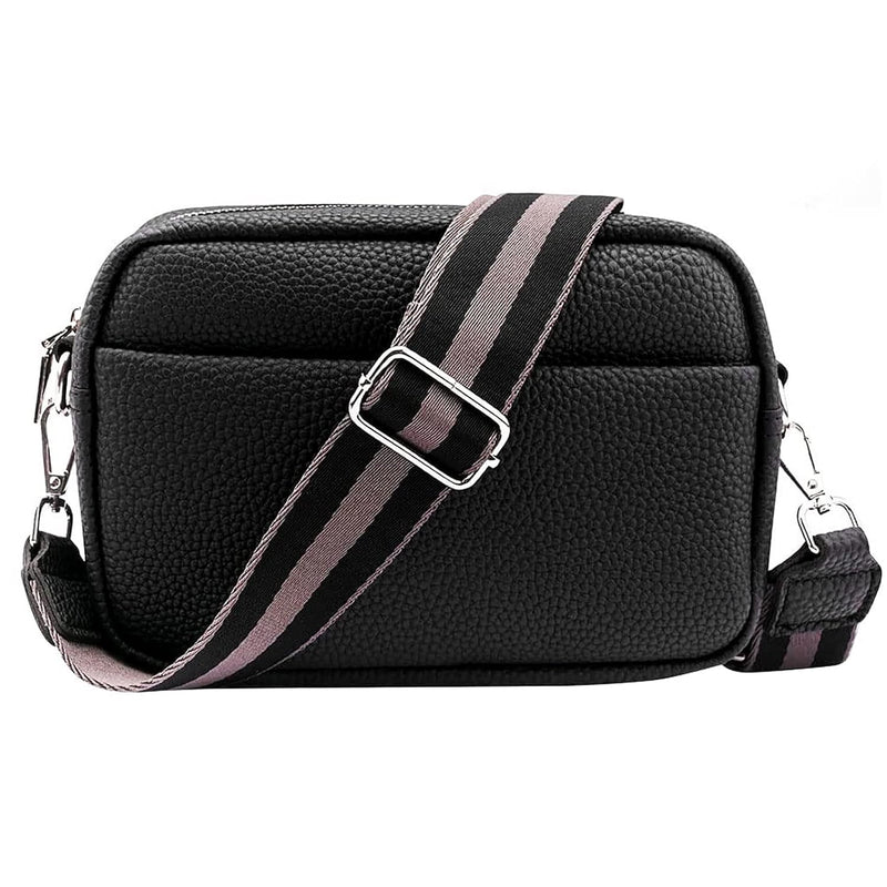 Efilra Crossbody Bag for Women, Small Leather Camera Purse Thick Strap Cross-body Bags, Triple Zip Shoulder Bag with Guitar Strap, B-black, Camera Crossbody Bag