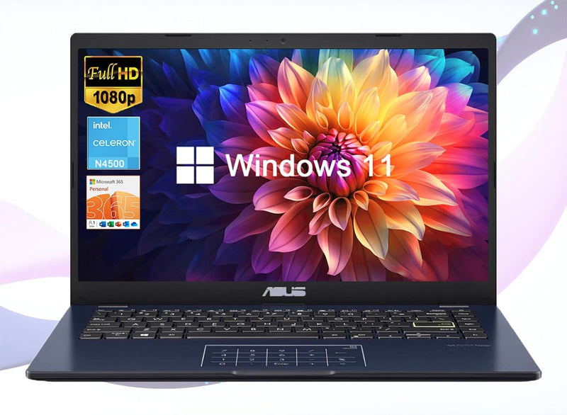 ASUS 14" Laptop for Business and Students, 14" FHD Display, Intel Celeron N4500, 1 Year Microsoft 365, 4GB Memory, 64GB eMMC, NumberPad, Webcam, HDMI, WiFi, Windows