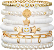 Shining Diva Fashion 7Pcs Combo Latest Stylish Beach Surfer Bracelets Set Colorful Preppy Heishi Bracelet Multilayer Boho Happy Smile Heart Star Stretch Beaded Bracelets Evil Eye Stackable - White