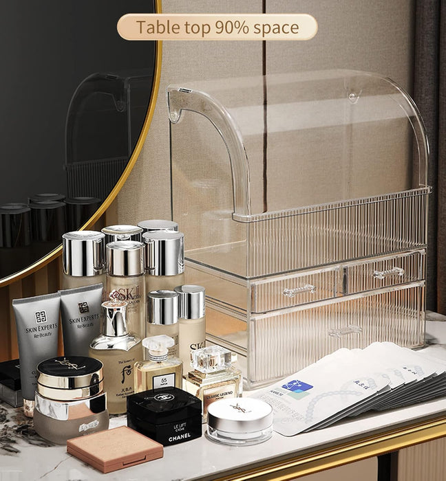 U-HOOME Makeup Organizer,Cosmetic Storage Display Case with Drawer and Dustproof Cover,Vanity Organizer Fits,Makeup Brushes, Lipsticks For Vanity, Bedroom, and Bathroom Skincare Organizer (Clear)