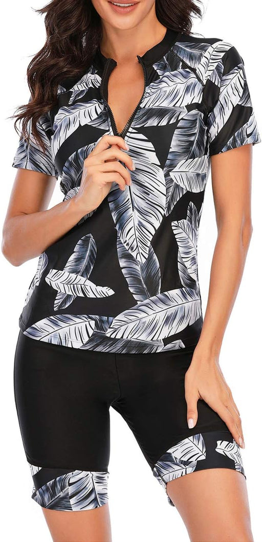 Women's Short Sleeve Rash Guard Swimsuit Patterned Zipper Two Piece Bathing Swimwear - Black