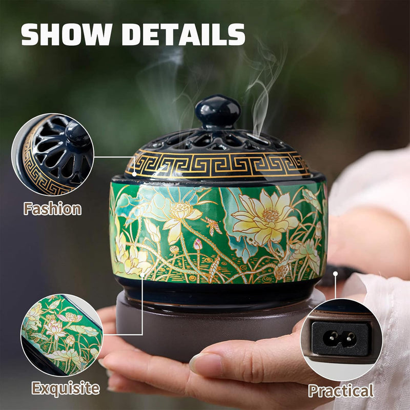 Ceramic Electric Incense Burner, Electronic Aroma Diffuser with Timing Temperature Adjustment and Cover, Resin Frankincense Burner, Used for Indoor Air Purification/Home Decoration/Meditation