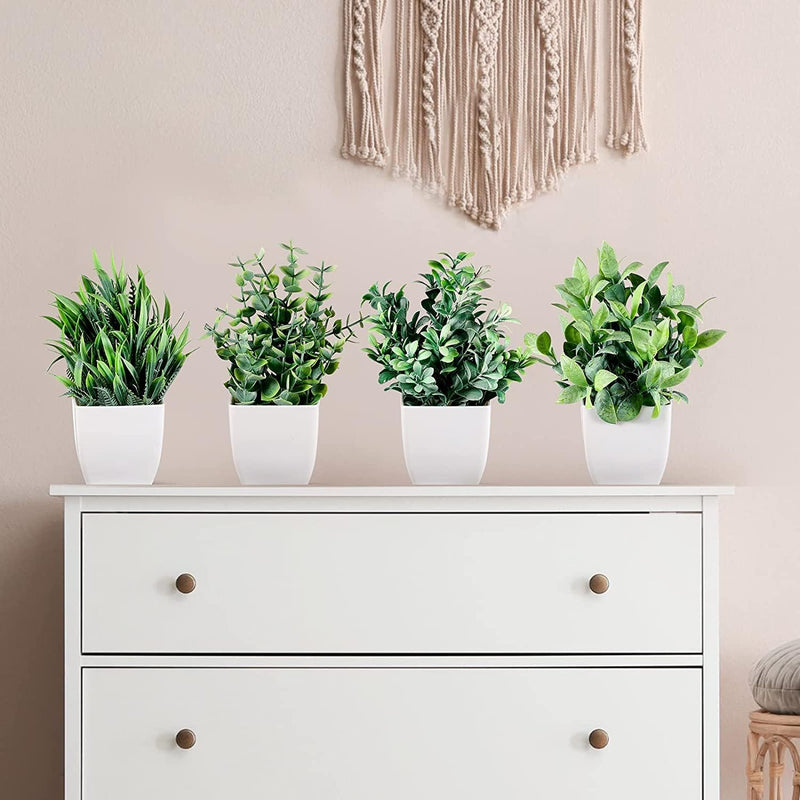 Dekorly Artificial Potted Plants, 8 Pack Artificial Plastic Eucalyptus Plants Small Indoor Potted Houseplants, Small Faux Plants for Home Decor Bathroom Office Farmhouse (Set 0F 8)