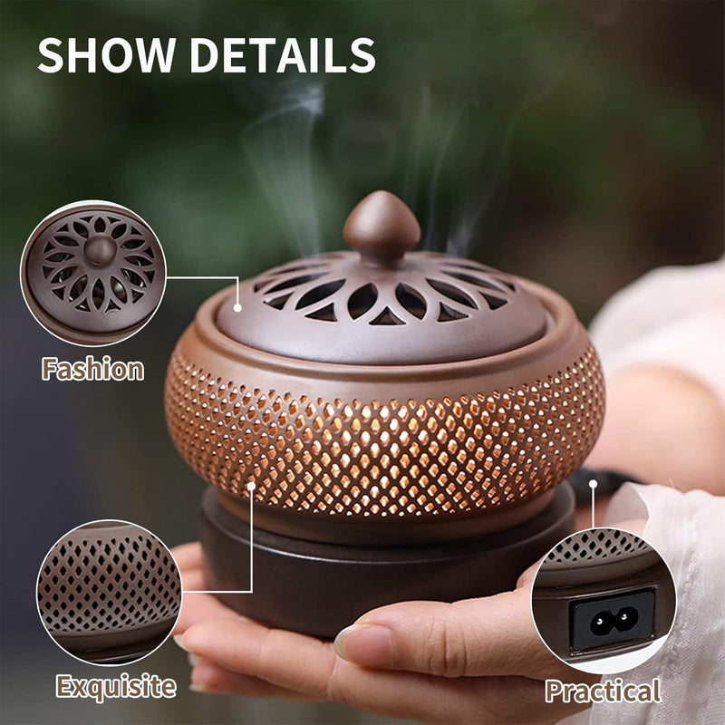 Ceramic Electric Incense Burner, Electronic Aroma Diffuser with Timing Temperature Adjustment and Cover, Resin Frankincense Burner, Used for Indoor Air Purification/Home Decoration/Meditation