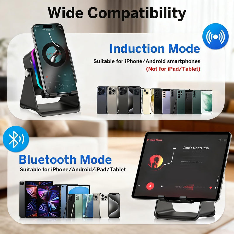 Wireless Induction Speaker 5-in-1 Bluetooth Speaker with Phone Stand,Stereo Sound, 5000mAh Rechargeable, 8 RGB Ambient Light, 360 Adjustable Holder for iPhone/Android/iPad,Gifts for Men Women