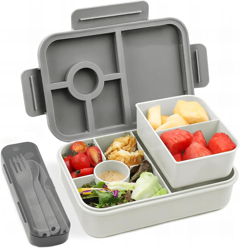 Children's Bento Box, 1300 ml, Leak-Proof Lunch Box with 5 Compartments, Bento Box for Children and Adults, Lunch Box, Breakfast Box for Girls and Boys, BPA-Free (Pink) - Grey