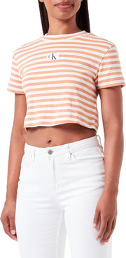 Women STRIPED BABY S/S Knit Tops - Ivory / Tropical Orange
