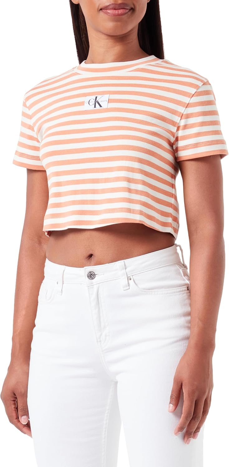 Women STRIPED BABY S/S Knit Tops - Ivory / Tropical Orange