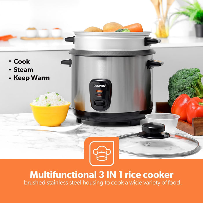 Geepas 1.5 L Multifunctional Rice Cooker- GRC35040| Durable Construction with Cool Touch Handle|Equipped with Tempered Glass Lid, Rice Spoon, Aluminum Outer Steamer and Measuring Cup|2 Years Warranty