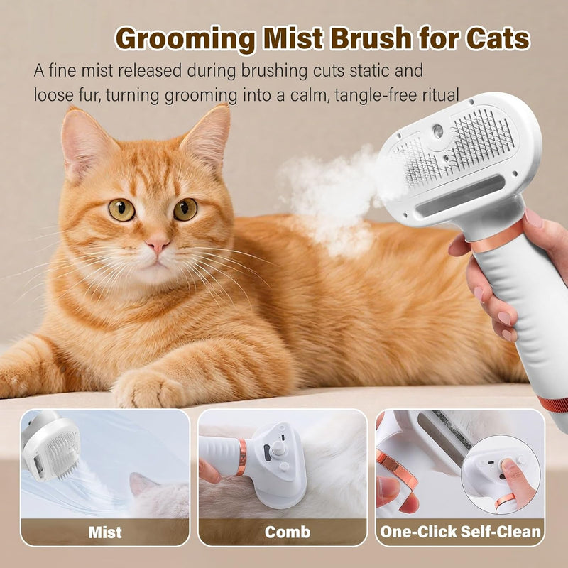 Steam Pet Grooming Dryer Brush 600 W Ionic Hot-Air Groomer with Detangling Slicker, Cool-Mist Spray, 3 Speeds & Nozzles, One-Click Self-Clean for Cats, Dogs, Rabbits & Furry Pets