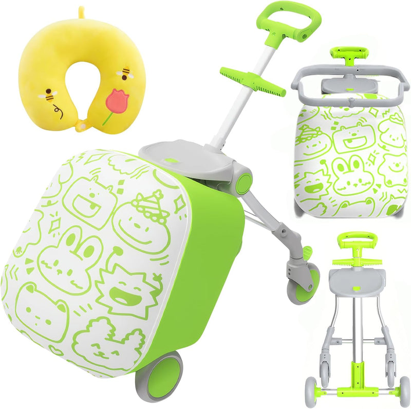 2PCS Kids Ride-on Luggage Set, 20" Expandable Carry-on Rolling Suitcase with Child Guardrail, Kids Trolley Case with Handle, Sit Down Trolley Suitcase for Toddlers With 360 Swivel Wheels and U-Shaped