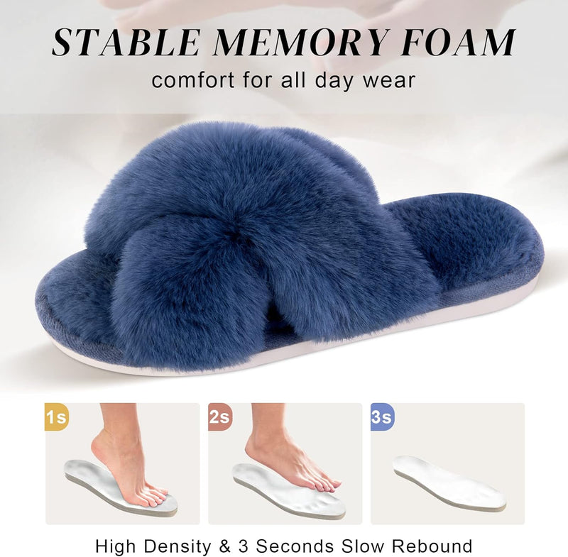 Women's Cross Band Slippers Soft Plush Furry Cozy Open Toe House Shoes Indoor Outdoor Faux Rabbit Fur Warm Comfy Slip On Breathable