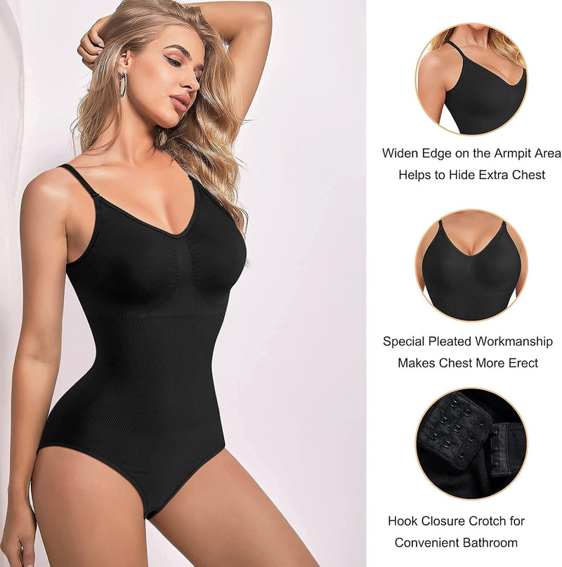 AOSBOEI Women Bodysuit Tops Shapewear Seamless Tummy Control Slimming Waist V Neck Sculpting Jumpsuits Body Shaper, Black, M/L