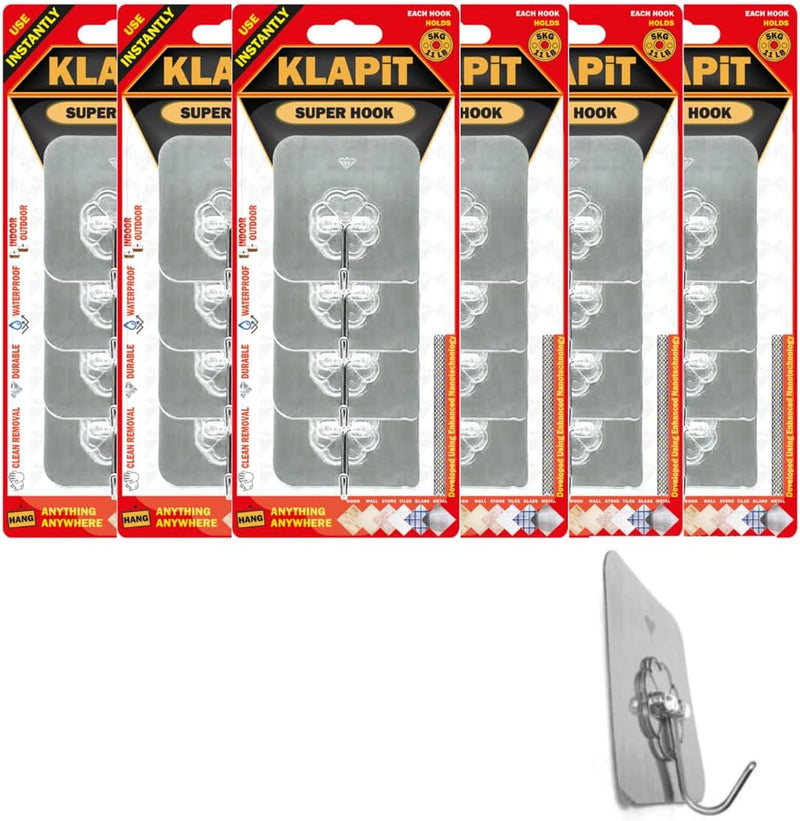 KLAPiT Super Hook Heavy Duty Adhesive, Holds 11 Pounds or 5Kg Weight, Waterproof and Damage Free for Wall, Tile, Wood, Stone, Glass, Metal, Made of Steel (Clear, 4 pc) - 24pc Silver