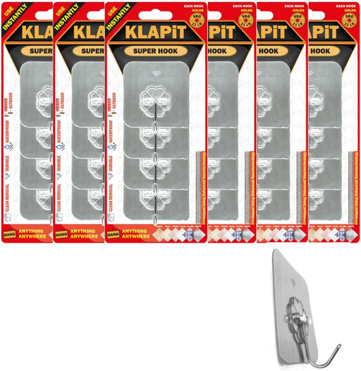 KLAPiT Super Hook Heavy Duty Adhesive, Holds 11 Pounds or 5Kg Weight, Waterproof and Damage Free for Wall, Tile, Wood, Stone, Glass, Metal, Made of Steel (Clear, 4 pc) - 24pc Silver