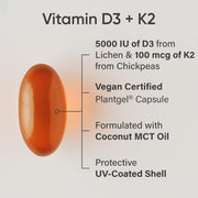 Vitamin D3 + K2 w/Coconut Oil - Vegan Vitamin D 5000iu & Mk7 Vitamin K 100mcg for Bone & Immune Support - Vegan Certified Non-GMO Soy Free - 120 Softgels