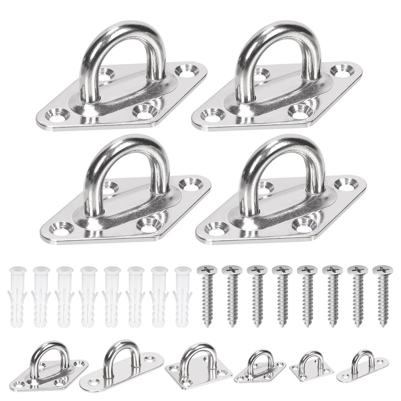 Glarks 36pcs M5 Stainless Steel Pad Eye Plate Hook Kit, Diamond Eye Plate U Hooks Heavy Duty Ceiling Hooks and Carabiner Clips Snap Hook for Ceiling and Mounting Hanging Hardware