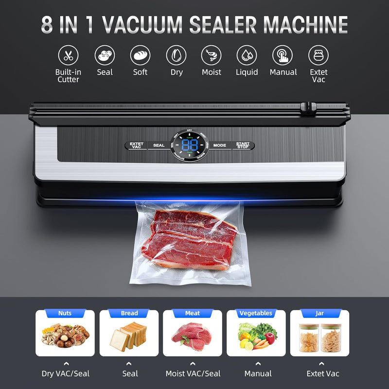 8 in 1 Food Vacuum Sealer Machine, Vacuum Sealer Machine with Build-in Cutter Automatic Air Sealing System LED Indicator for Food Storage Dry and Moist Food Modes with 5 Pcs Seal Bags Kit (Black)
