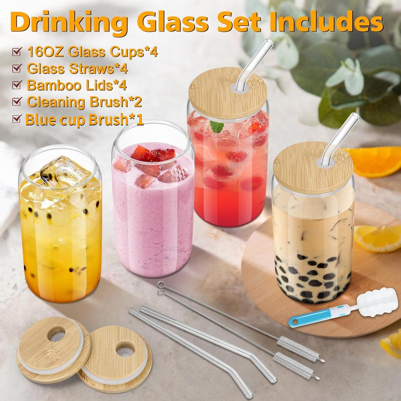 Yoawllty 4 PCS Glass Cups, Drinking Glasses with Bamboo Lids and Glass Straw, 16oz Can Shaped Glass Cups, Cocktail Glasses, Iced Coffee Glass, Cute Tumbler Cup