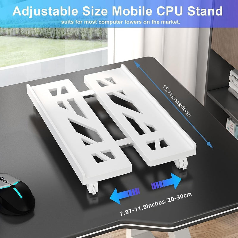 Computer Tower Stand, Adjustable Mobile CPU Stand, Ventilated PC Tower Stand CPU Holder with Rolling Caster Wheels, Steel PC Floor Cart PC Riser Fits Most PC for Gaming Office Desk Accessories (White)