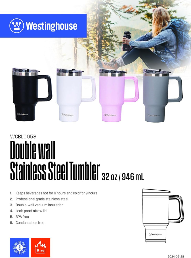 Westing House 32oz/946ml Double-Wall Stainless Steel Insulated Tumbler | BPA-Free Reusable Cup for Coffee, Water, Iced Tea & More | 6 hrs Hot & 9 hrs Cold | Ideal for Indoor & Outdoor Use | Black