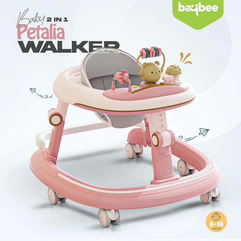 Baybee Petalia 2 in 1 Baby Walker for Kids, Round Kids Walker with 5 Position Adjustable Height | Activity Walker for Baby with Musical Bar, Toddler Activity Walkers for Babies 6-18 Months (Pink)
