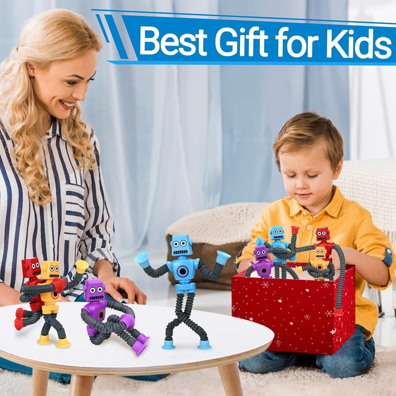 Pop Tubes Robot Fidget Toys (4 Pack), Telescopic Suction Cup Robotics Toy, Toddler Fine Motor Skills & Creative Learning, Autism Sensory Toys for Kids Age 3-6, Party Favors Boy Girl Gifts