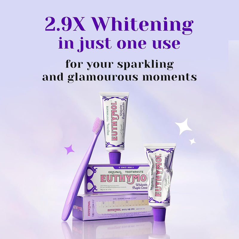 Euthymol Purple Whitening Toothpaste for Yellow & Sensitive Teeth Violet Tone-Up Formula, Instantly Brightens, 24H Stain Defense, Long-Lasting Fresh Breath (Pack of 2) - 3.7 Ounce (Pack of 2)
