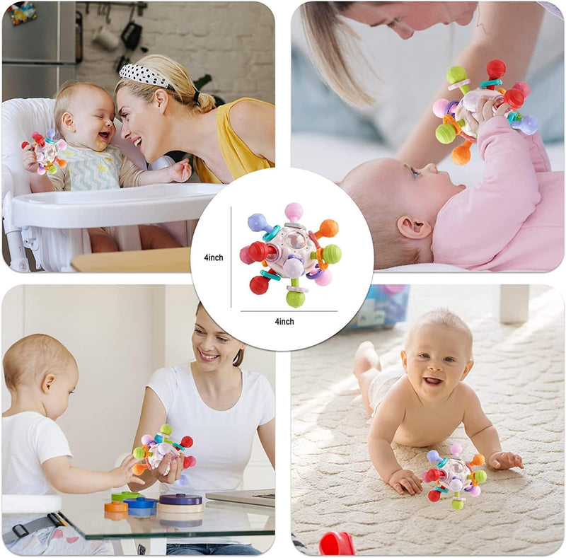 AM ANNA Baby Teething Toys 0-6 Months, Silicone Pull String Interactive 3 in 1 Baby Rattle Activity Ball, Baby Sensory Chew Toys for Boys & Girls