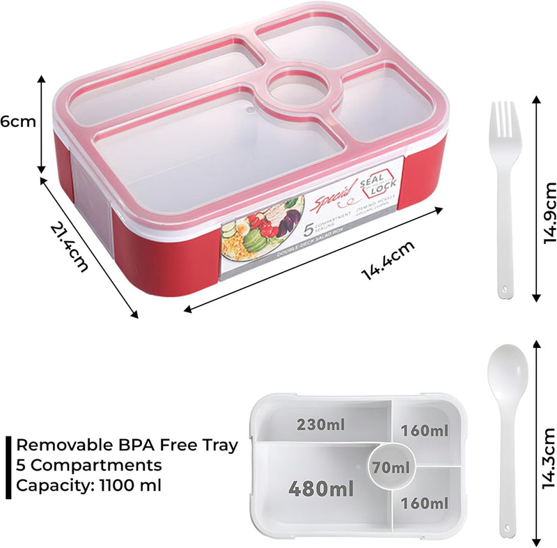 Bento Lunch Box -Leakproof, BPA-Free, Airtight Tiffin with Spoon & Fork- 5 Compartments, 1100ml, Microwave Safe Bento Box For Kids & Adults - Ideal for School & Office (Red)