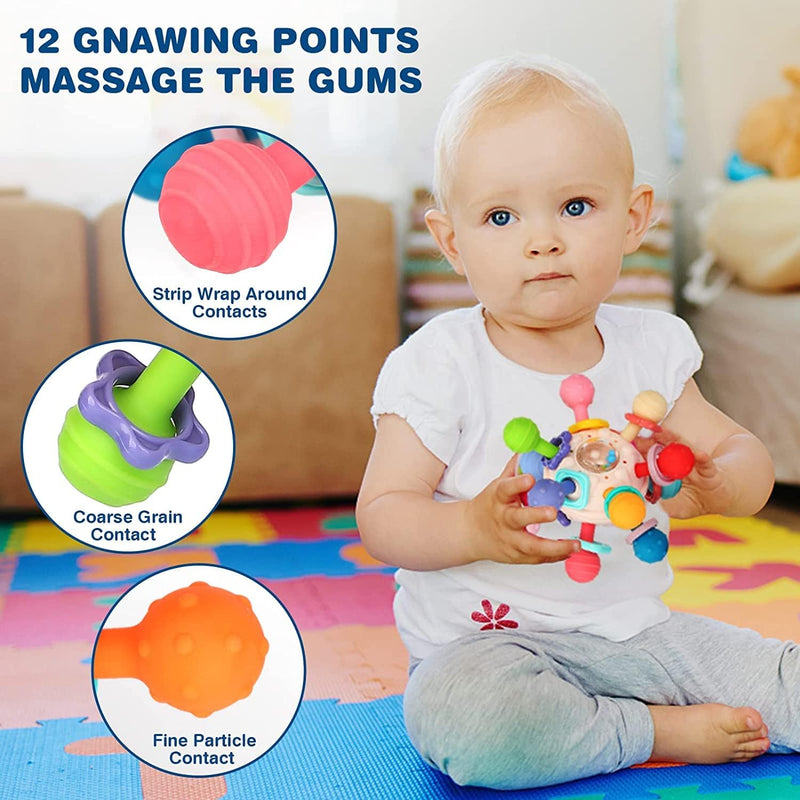 AM ANNA Baby Teething Toys 0-6 Months, Silicone Pull String Interactive 3 in 1 Baby Rattle Activity Ball, Baby Sensory Chew Toys for Boys & Girls