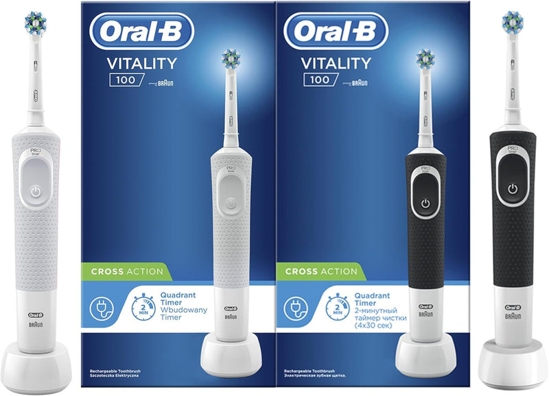 Oral-B Vitality D100 Black and White 1+1 Free Bundle Electric Rechargeable Toothbrush, 2 Minutes Timer, Cross Action Brush Head, with UAE 3 pin plug - Vitality 100 White & Black