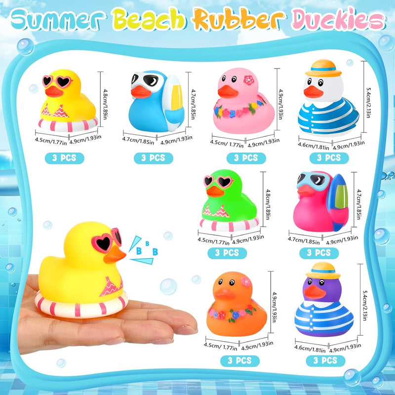 Honoson Summer Beach Rubber Duckies Mini Rubber Duck Bath Toys Funny Float Bathtub Squeaky Ducky for Pool Water Activity Summer Baby Shower Classroom Birthday Party Favors (24 Pcs)