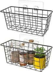 MaraFansie Hanging Kitchen Baskets Wire Storage Basket Over the Cabinet Door Organizer, No Drilling Adhesive Basket for Cabinet Pantry Organization and Kitchen, Bathroom, Storage, 2 Pack, Black - A-BLACK 2 PACK