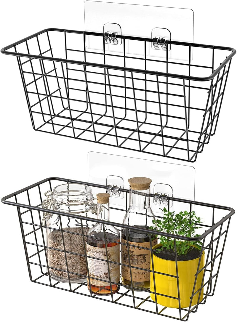 MaraFansie Hanging Kitchen Baskets Wire Storage Basket Over the Cabinet Door Organizer, No Drilling Adhesive Basket for Cabinet Pantry Organization and Kitchen, Bathroom, Storage, 2 Pack, Black - A-BLACK 2 PACK