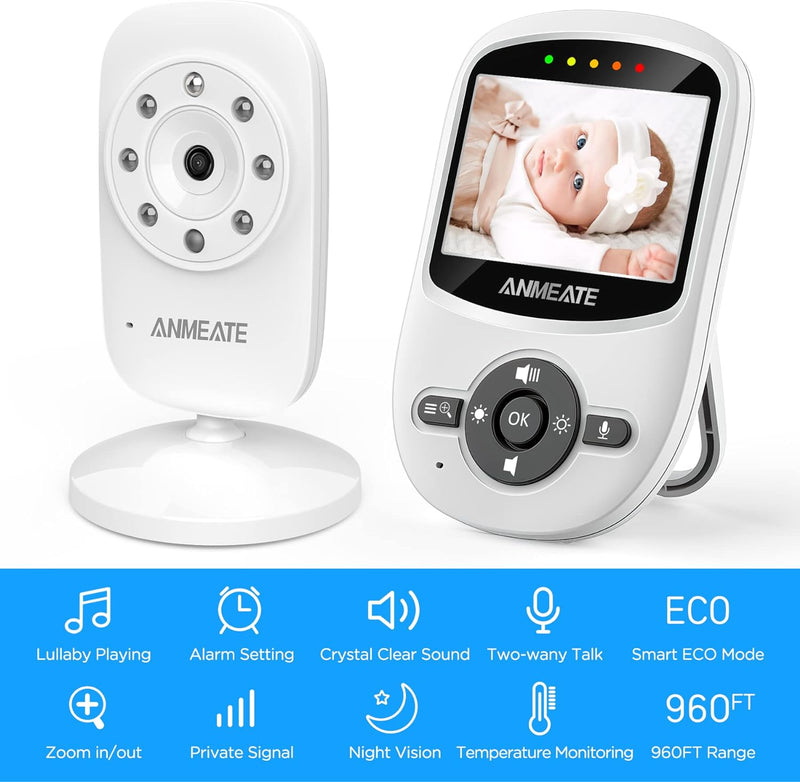 ANMEATE Video Baby Monitor with Digital Camera, Digital 2.4Ghz Wireless Video Monitor with Temperature Monitor, 960ft Transmission Range, 2-Way Talk, Night Vision, High Capacity Battery (sm24)