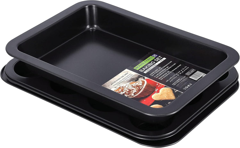 Royalford 3Pcs Non-stick Bakeware Set - Cookie Sheet / Baking Sheet, 12Pcs Muffin Pan Cupcake & Roasting Wide Handle Bread Dessert Bakeware, Sponge Cake Chocolate for
