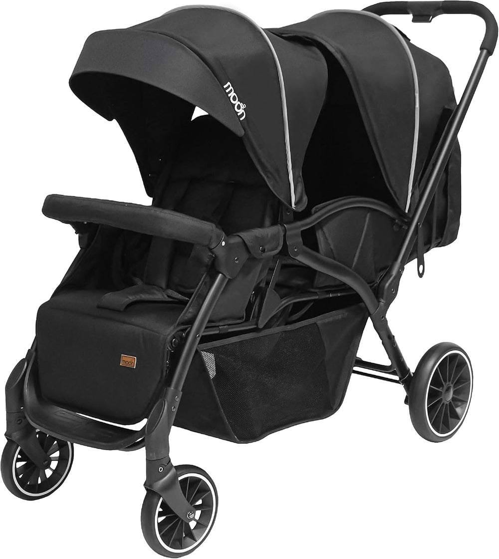 The Moon Brand Dois Tandem/Twin Stroller EasyFold Tandem Baby Trolley Double Stroller for Infant & Toddler Reclining Pushchair, Adjustable Canopy, 5Point Harness 0m+, Up to 15kg Grey