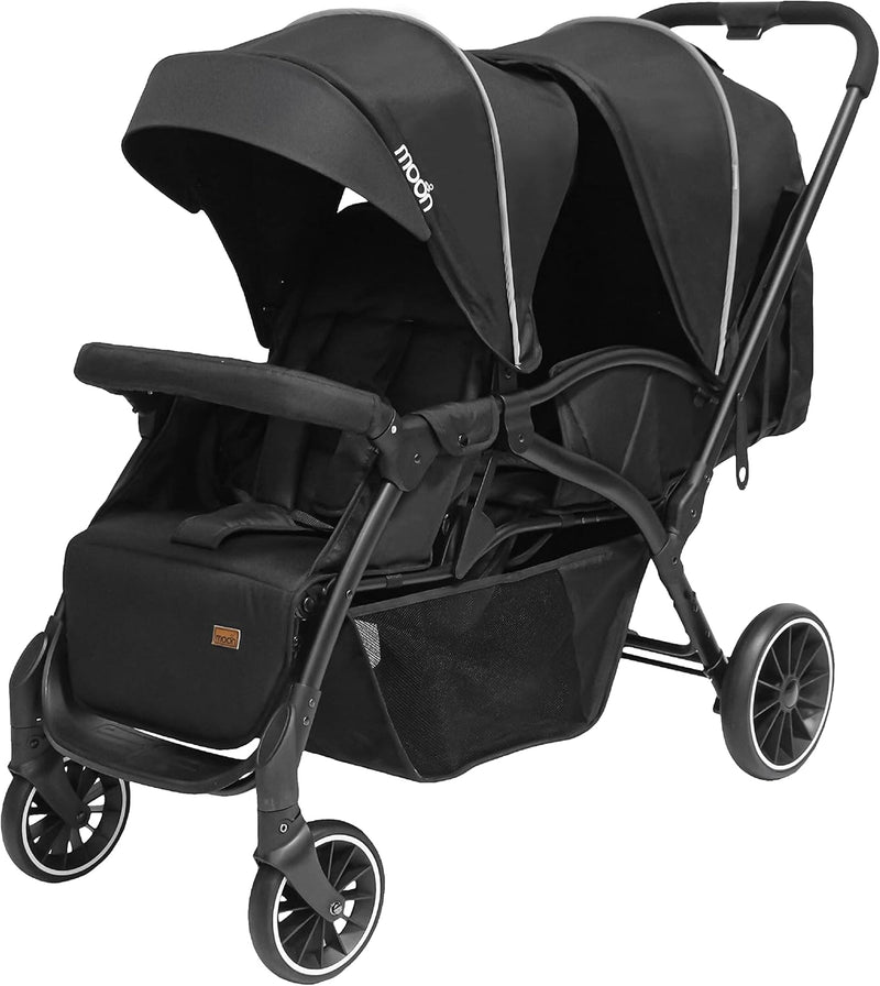 The Moon Brand Dois Tandem/Twin Stroller EasyFold Tandem Baby Trolley Double Stroller for Infant & Toddler Reclining Pushchair, Adjustable Canopy, 5Point Harness 0m+, Up to 15kg Grey - Black