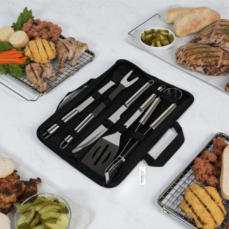 Cotton Home Premium Stainless Steel 5 pieces BBQ Grill Tool Set includes Knife Brush Fork Spatula Tong with Oxford Bag Ultimate Grilling Companion for BBQs camping picnics Unique Kitchen Gadgets Gift